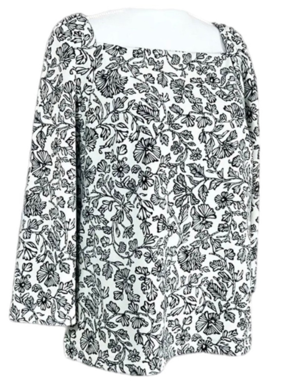 Melloday Floral Blouse Women’s Large Cream Black Square Neck Puff Sleeve NWT